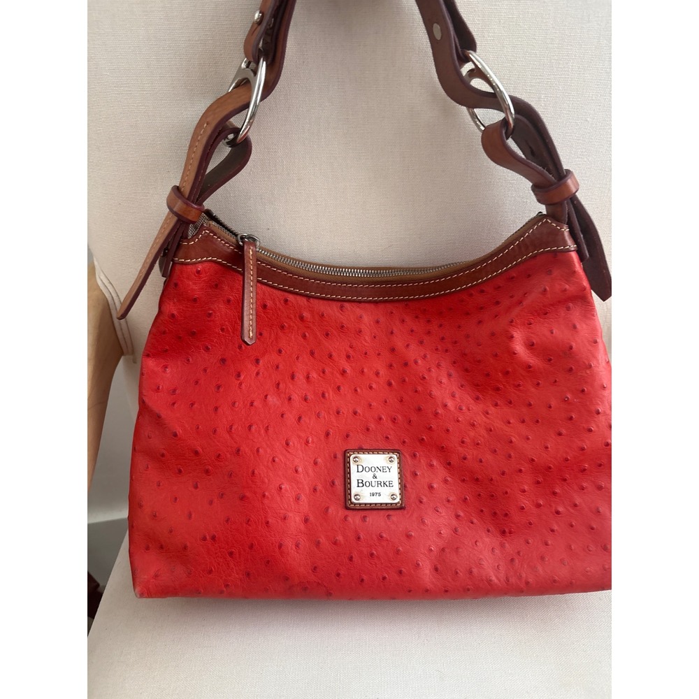 Vintage Dooney & Bourke Red Ostrich Embossed Leather Hobo Shoulder Bag Silver